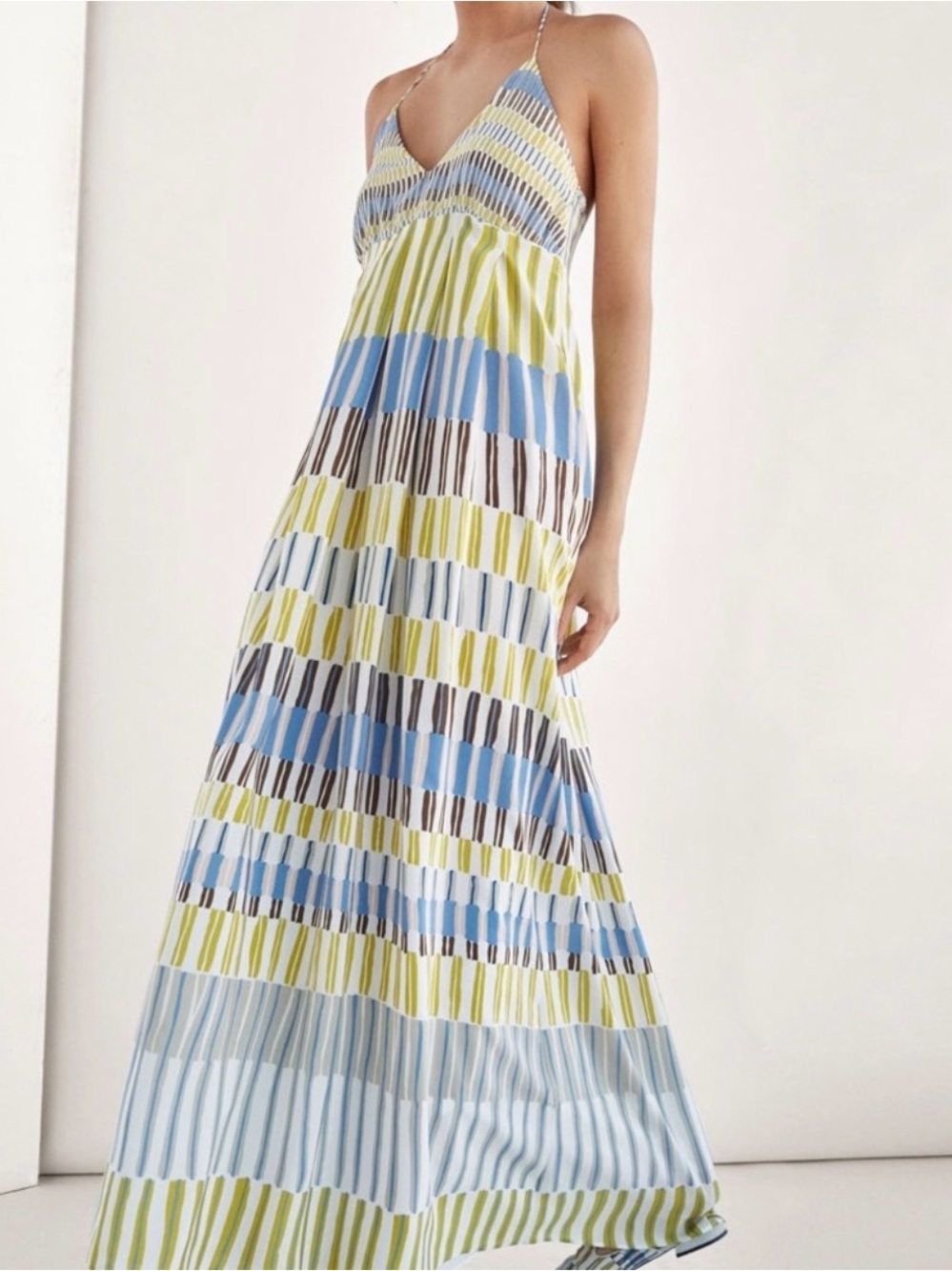 Massimo Dutti Silk Maxi Halter Slip Dress (2) Painterly Stripes Multicolor Boho